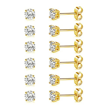 MDFUN Hypoallergenic CZ Stud Earrings Set for Women/Men,6 Pairs 18K Gold Plated Round 3-8mm Clear Cubic Zirconia Earring Pack Jewelry Gift - color: Yellow gold-6mm-6 pairs