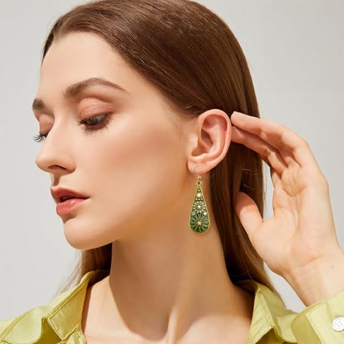 Handmade Bohemian Crystal Teardrop Dangle Earrings, Tribal Retro Copper Hollow Out National Style Geometry Enamel Floral Hook Earrings for Women, Ethnic Statement Jewelry
