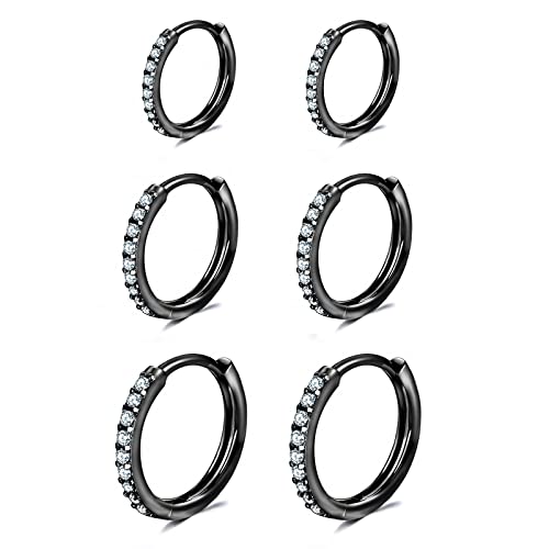 3 Pairs 925 Sterling Silver Small Hoop Earrings for Women Men | Cubic Zirconia, 14K White Gold Plated Huggie Hoop Earrings, Hypoallergenic - style: N-black 6/8/10mm