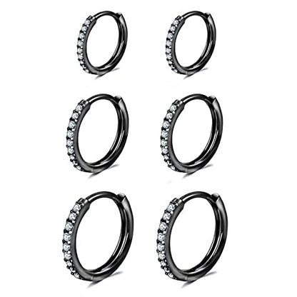 3 Pairs 925 Sterling Silver Small Hoop Earrings for Women Men | Cubic Zirconia, 14K White Gold Plated Huggie Hoop Earrings, Hypoallergenic - style: N-black 6/8/10mm