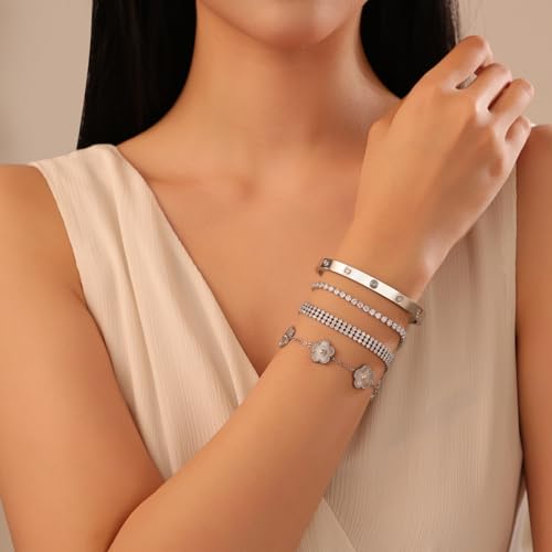 18 K Gold Plated Love Bangle Bracelet Stack for Women,Set of 4 Floral Clover Chain, Tennis Crystal &Gold Stackable Bangle Bracelet -Adjustable Layered Jewelry Gift for Wife Valentines Mother's Day-MVCOLEDY - color: Silvery Flower CZ