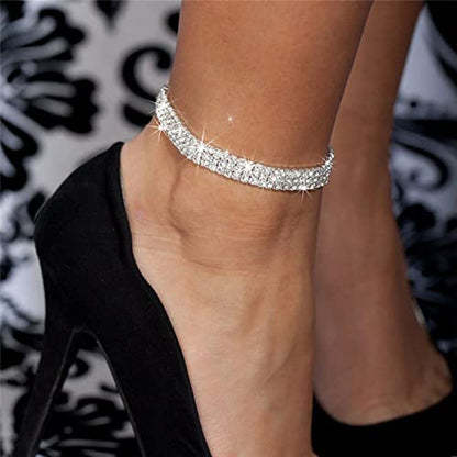 Fesciory Heart Rhinestone Ankle Bracelets for Women, Adjustable Silver Plated Shiny Tennis Anklets, Twinkle Cubic Zircon Imitation Diamond Anklet Foot Chain Jewelry Gifts - color: Three Row Rhinestone