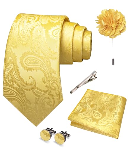 JEMYGINS Mens Paisley Tie and Pocket Square,Lapel Pin,Cufflinks,Tie Clip Sets with Gift Box 5PCS - color: Bright Yellow