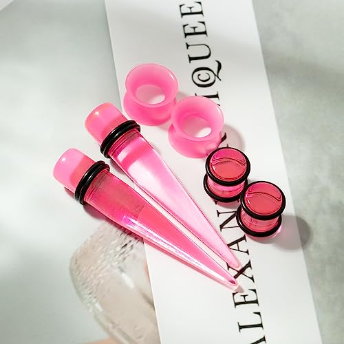 50-Piece Ear Gauges Stretching Kit, 14G-00G | Acrylic tapers and plugs with soft silicone tunnels, body piercing jewelry for women and men - color: Pink