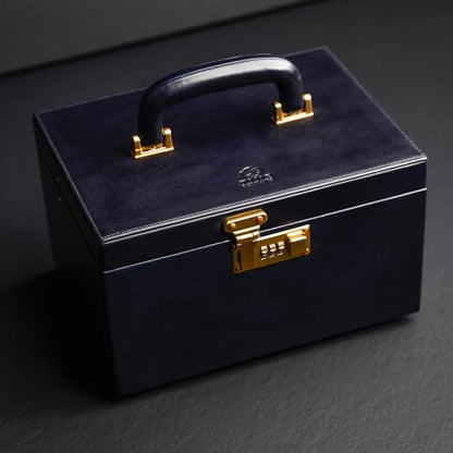 Time Resistance Leather Jewelry Box - Full Grain Leather Organizer, Accessories Storage with Key Lock for Women (Blue)