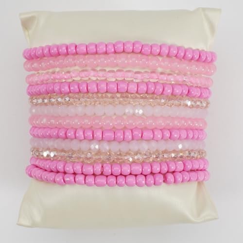 12Pcs Bohemia Multilayer Resin Seed Beaded Stackable Bracelets Colorful Crystal Glass Beads Stretch Bracelet BFF Friendship Elastic Wristbands for Women Men Summer Beach Boho Vacation Jewelry - color: Pink