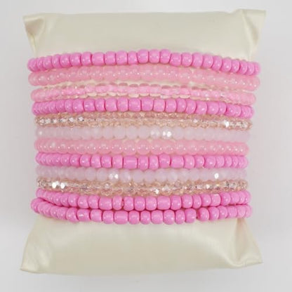 12Pcs Bohemia Multilayer Resin Seed Beaded Stackable Bracelets Colorful Crystal Glass Beads Stretch Bracelet BFF Friendship Elastic Wristbands for Women Men Summer Beach Boho Vacation Jewelry - color: Pink
