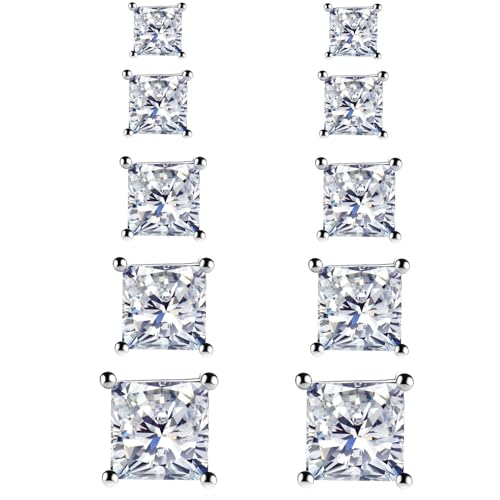 925 Sterling Silver Stud Earrings, 4 Pairs Square Cubic Zirconia Stud Earrings Set for Women Men 3 4 5 6mm - color: G-Silver 2/3/4/5/6mm