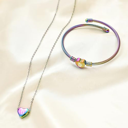 MYNENEY Necklace and Bracelet for Women Stainless Steel Initial Jewelry Set - color: Rainbow-D
