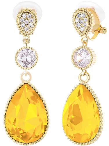 Clip On 18 * 13MM Big Crystal Dangle Non Pierced Earrings for Women 14K Gold Plated Jewelry - color: Nov-Citrine-14K Gold Plated