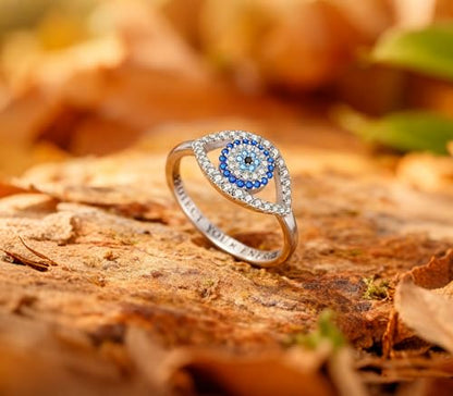 Hapour 925 Sterling Silver Rings for Women Firefly Ring, Glow in the Dark | Sun Moon Star Band Ring Rainbow Evil Eye Chunky Heart Thumb Pinky Stackable Dainty Ring, 14K Gold Plated, Cubic Zirconia - color: Blue CZ Devil's Eye, size: 7
