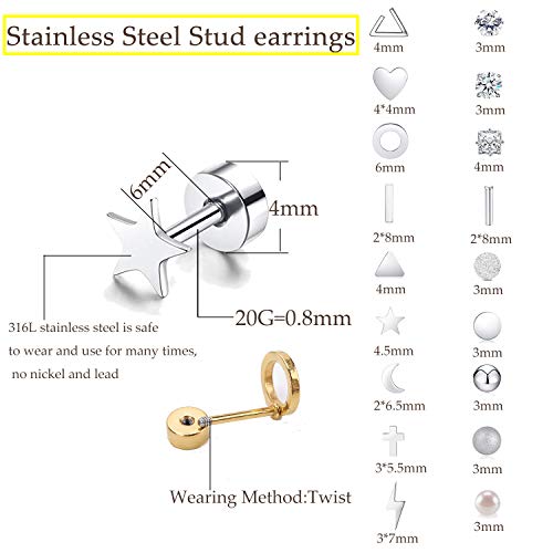 Staligue 18 Pairs Flat Back Earrings Set –Hypoallergenic 20G Surgical Steel | 18 Pairs Flat Back Earrings, 20G 0.8mm Surgical Steel Studs, Hypoallergenic Nickel Free, Cartilage Lobe Piercing Jewelry - color: Argent, size: 18 Sets