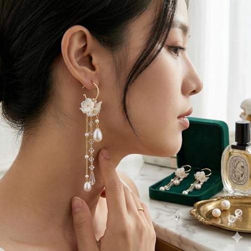 Kruckel Long Dangle Earrings for Women, White Floral Pearl-Inspired | Pearl Drop Earrings, Lightweight Gold-Tone Jewelry for Weddings, Parties, Bridesmaids, Birthdays and Occasion Gifts - color: white