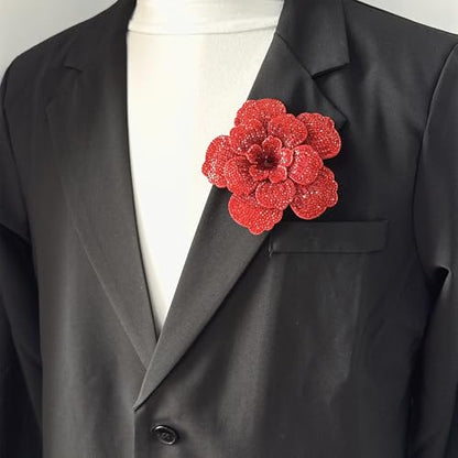Rhinestone Flower Brooch Pin for Women Men Elegant Sparkly Crystal Camellia Floral Lapel Pins Shawl Dress Suit Clothes Accessories Wedding Party Fashion Jewelry 105mm - color: Red
