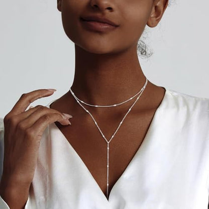 HAXIYA Gold Pearl Y-Shaped Necklace for Women Layered Lariat Long Pendant | 14K Gold Plated/Sterling Silver Dainty Drop Chain Layered Pearl/Beaded Necklaces Simple Gold Jewelry for Women - color: Sequin - Silver