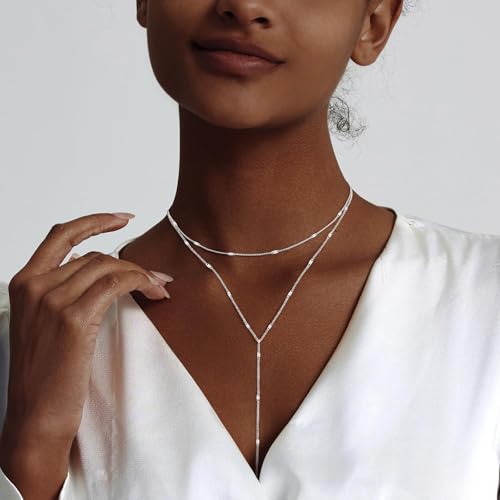 HAXIYA Gold Pearl Y-Shaped Necklace for Women Layered Lariat Long Pendant | 14K Gold Plated/Sterling Silver Dainty Drop Chain Layered Pearl/Beaded Necklaces Simple Gold Jewelry for Women - color: Sequin - Silver