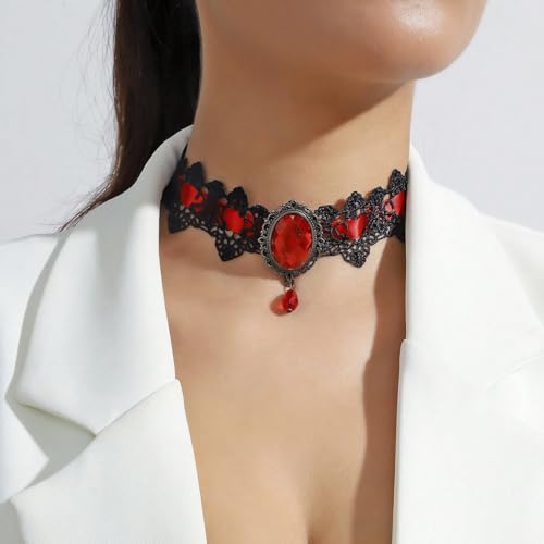 Gothic Lace Choker Vampire Necklace for Women,Black Lace Red Crystal Pendant Necklaces for Halloween,Goth Black Necklace Jewelry Witch Costume Vampire Accessories - style: Style Red