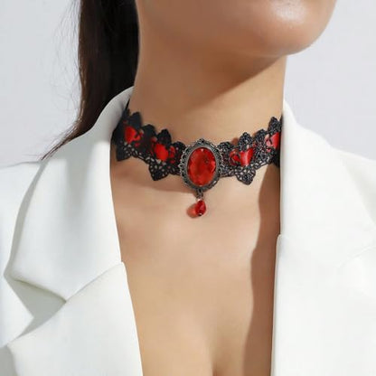 Gothic Lace Choker Vampire Necklace for Women,Black Lace Red Crystal Pendant Necklaces for Halloween,Goth Black Necklace Jewelry Witch Costume Vampire Accessories - style: Style Red