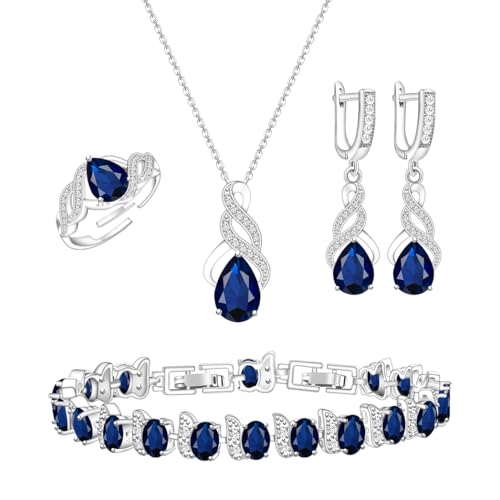 LMXXVJ Jewelry Set for Women,Teardrop Cubic Zirconia Necklace Earrings Adjustable Ring Bracelet Jewelry Set Formal Jewelry Gift - color: MHSD-White Gold-Blue