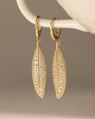 14K Gold Plated/Sterling Silver CZ Pearl Drop Dangle Earrings for Women - color: Gold-Leaf CZ