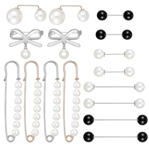 24/16 Pcs Pearl Brooch Pins Set, Decorative Safety Pin | Pant Waist Tightener Pins for Clothes Sweater Shawl Hat Clips White Collar Clips for Cardigan Dress Sweater - style: Pearl Style