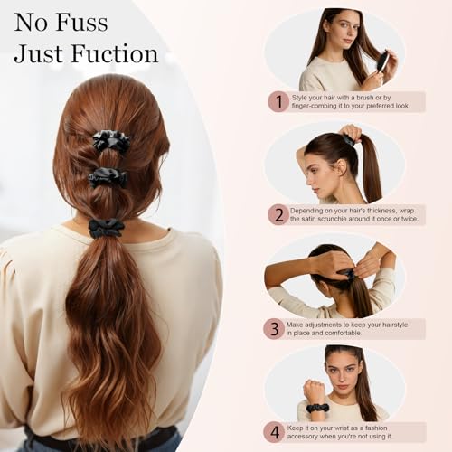 Satin Scrunchies for Women – 8PCS Blush & Brown Silk Hair Ties Set – No Crease, Frizz-Free, Gentle Elastic Hair Bands, Soft & Stylish Everyday Hair Accessories Gifts - color: Small-Black