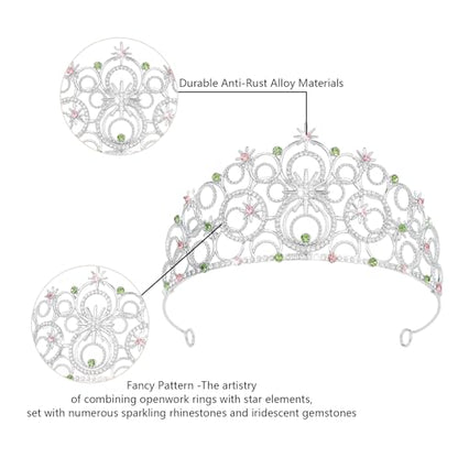 Crystal Crowns for Women, Crystal Bubble TiaraBride Royal Queen Headband Princess Headpieces for Women Bridal Wedding Prom Birthday Party Crowns - color: Silver Pink Green