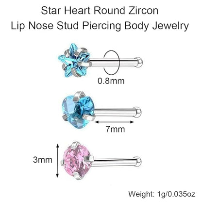 6-Piece Nose Piercing Studs Set, 20G Stainless Steel Nose Studs, 3mm Crystal Heart Star Round Shapes, 0.8x7mm Bone - color: Dark Blue