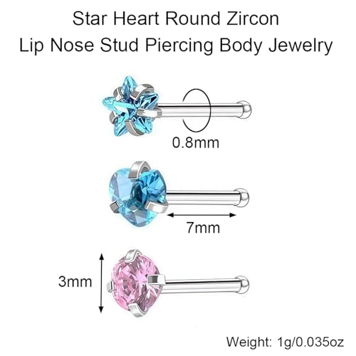 6-Piece Nose Piercing Studs Set, 20G Stainless Steel Nose Studs, 3mm Crystal Heart Star Round Shapes, 0.8x7mm Bone - color: Purple