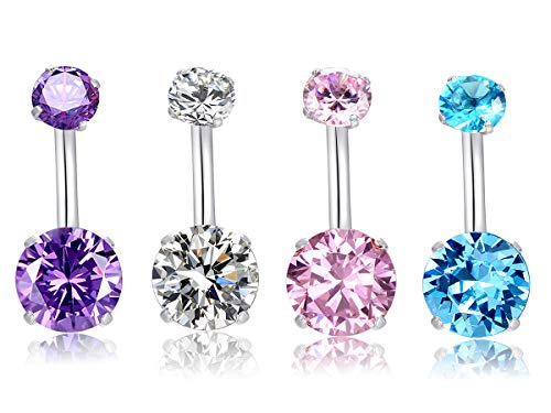 HQLA 14G Belly Button Rings Surgical Stainless Steel Round Cubic Zirconia Navel Barbell Stud Body Piercing - color: 4Pcs(Clear+Pink+Purple+Blue)
