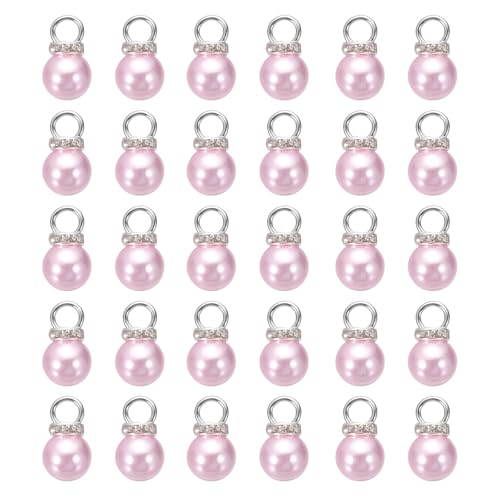 MECCANIXITY 100Pcs Imitation Pearl Pendant 10mm Faux Pearl Beads with Rhinestone for Dangle Jewelry Making Earrings Necklace Bracelets Crafts, Pink - color: Pink