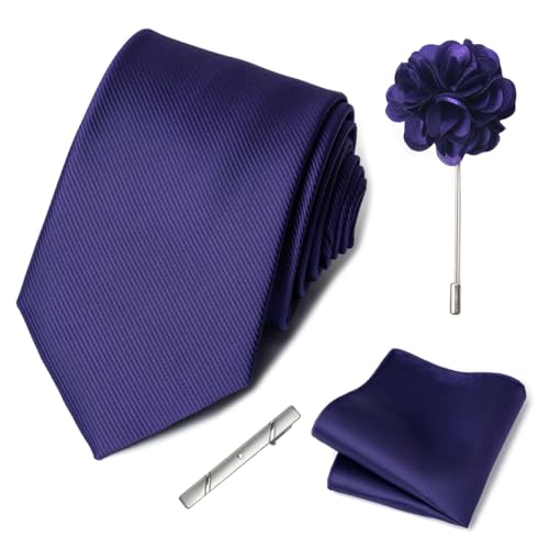 joy alice 30 Colors Solid Ties for Man Pure Color Men's Tie Set with Lapel Pin Pocket Square Tie Clip - color: Purple