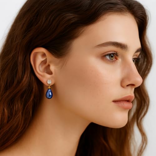 Pearl Clip on Earrings for Women - 14K Gold Silver Plated Cubic Zirconia Non Pierced Ear Clips Jewelry Gifts for Wedding Bridal Party Gifts - color: Dark Blue-10mm