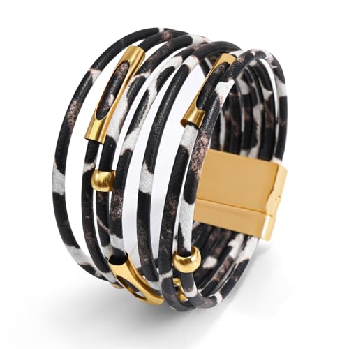 Wrapped Bracelets for Women,Leather Boho Bracelets for Women - color: Leopardprint-White