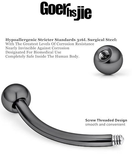 16g 6/8/10/12mm Silver/Black Eyebrow/Rook/Snug/Vertical-Labret/VCH/Snake-Eyes/Anti-Tragus/Christina/Daith/Belly-Button/Bridge/Hood/Surface Curved Barbell Piercing Jewelry for Women Men - color: Silver+Black