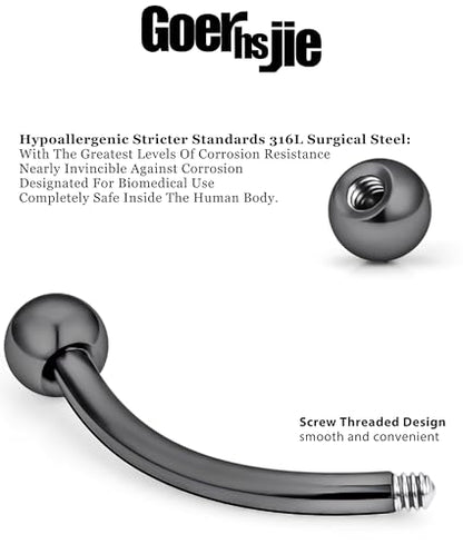 16g 6/8/10/12mm Silver/Black Eyebrow/Rook/Snug/Vertical-Labret/VCH/Snake-Eyes/Anti-Tragus/Christina/Daith/Belly-Button/Bridge/Hood/Surface Curved Barbell Piercing Jewelry for Women Men - color: Silver+Black