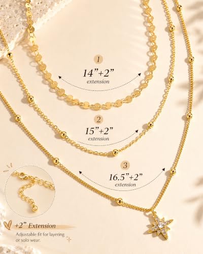 3 Pcs 14K Gold Plated Layered Gold Necklaces Stack for Women Pendant Set | Stackable Layering Design,Lightweight Fit,Tarnish-Resistant Finish,Adjustable Size,Less Tangling,Pretty Gift Jewelry - color: Gold CZ Star