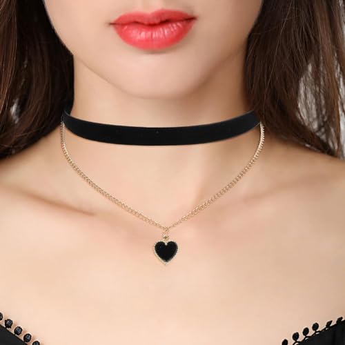 Fesciory Black Necklaces for Women, Adjustable Layered Velvet Leather Lace Collar Necklace, Goth Jewelry Gifts. - color: Gold Chain Heart1