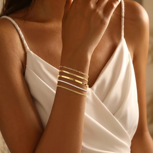 Dainty Gold Bracelet for Women Trendy Non Tarnish, Thin Bracelets Stackable Set with Bangle Cuff, Box, Herringbone, Paperclip, Figaro, Sparkling Link Chains Waterproof, Simple Jewelry Gifts for Women - color: Gold-tennis/cuban/bangle/paperclip/snake