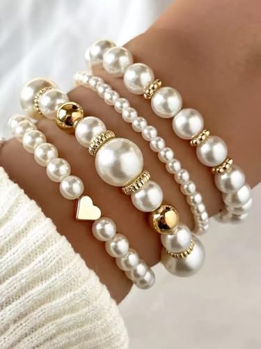 4/8 Pack Pearl Bracelets for Women Simulated Pearl Beaded Stackable Bracelet Set White Pearls Stretch Bracelet Set Multilayered Elastic Pearls Bracelets Bangles for Women Bridal Boho Jewelry - color: Gold Silver