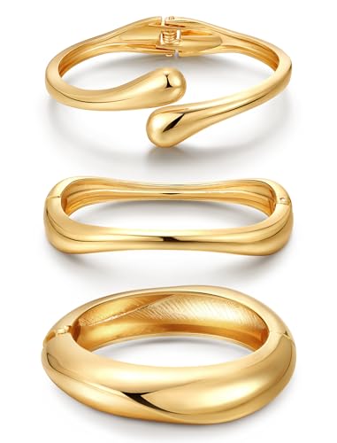 8YEARS Chunky Gold Bangle Bracelets for Women, 14k Gold Plated | Cuff Bangles, Stack Bracelet Set, Wide Trendy Fashion, Jewelry Gifts - color: C-Gold-3PCS