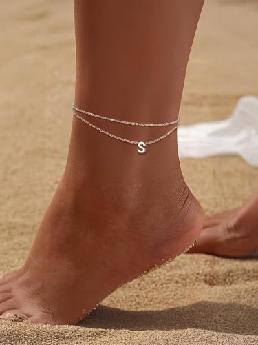 FaithHeart Initial Ankle Bracelets for Women, Waterproof 14k Gold Plated Initial Anklets Non Tarnish Stainless Steel Cute Layered Anklet Summer Beach Jewelry - color: Silver, size: Initial S