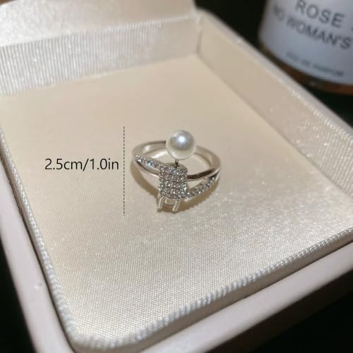 Dtja Shell Pearl CZ Barbell Statement Adjustable Ring for Women 14K Gold Plated Crystal Artificial Pearls Expandable Open Wrap Finger Rings Fashion Wedding Promise Engagement Jewely Gift