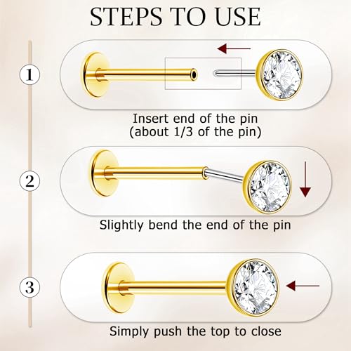 NICEIGHT 4Pcs 16G G23 Titanium Threadless Push in Labret Monroe Studs Lip Rings Hypoallergenic Cartilage Stud Earrings for Sensitive Ear Flat Back Stud Helix Tragus Conch Piercing Jewelry 6/8/10MM - color: Gold, size: 10MM