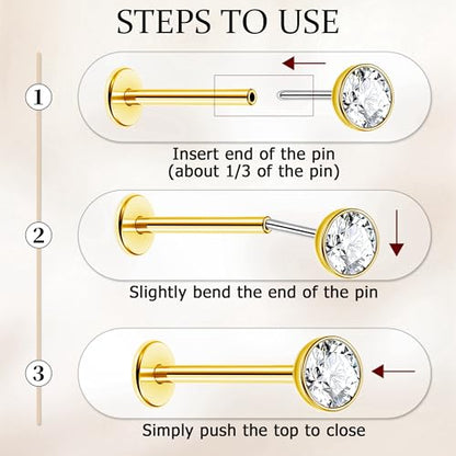 NICEIGHT 4Pcs 16G G23 Titanium Threadless Push in Labret Monroe Studs Lip Rings Hypoallergenic Cartilage Stud Earrings for Sensitive Ear Flat Back Stud Helix Tragus Conch Piercing Jewelry 6/8/10MM - color: Gold, size: 8MM