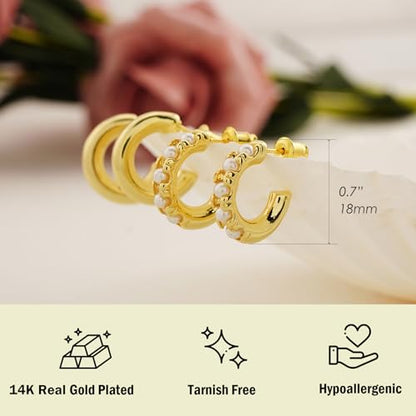 NIXMAX Gold/Silver CZ Dangle Hoop Earrings Set for Women Drop Earrings | 14K Gold Silver Plated，Cartilage Earrings Stack Set for Multiple Piercing,Huggie Earrings,Hypoallergenic,Jewelry Gifts - style: GD-pearl hoop set-2 Pairs