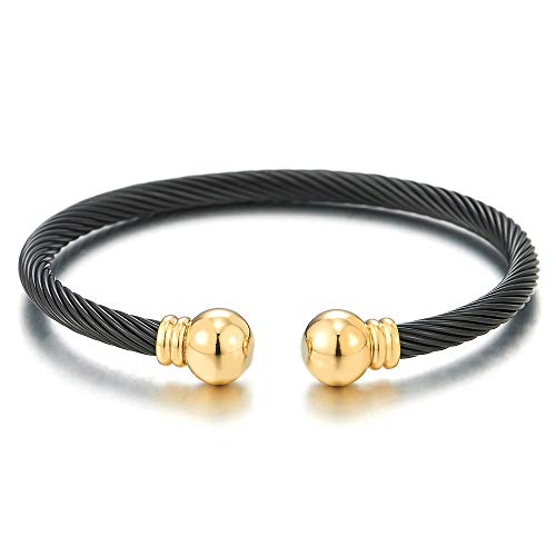 COOLSTEELANDBEYOND Elastic Adjustable Stainless Steel Cuff Bangle Bracelet for Mens Womens - color: C-Metal Color: Gold & Black