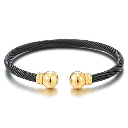 COOLSTEELANDBEYOND Elastic Adjustable Stainless Steel Cuff Bangle Bracelet for Mens Womens - color: C-Metal Color: Gold & Black