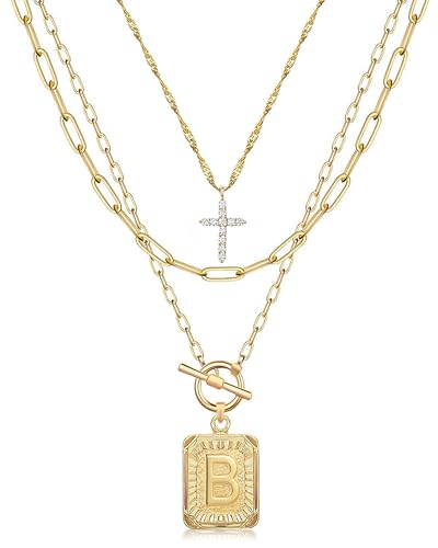 MJartoria Layered Initial Necklaces for Women Trendy, 14K Gold Plated Brass Simple Dainty Cross Choker Square Letter Pendant Necklace, Paperclip Chain Necklaces Jewelry - color: Gold, style: B