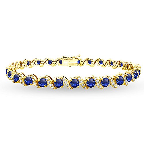 B. BRILLIANT Sterling Silver Genuine, Created or Simulated Gemstone Round S Design Tennis Bracelet for Women - color: Created Blue Sapphire - Gold Flash